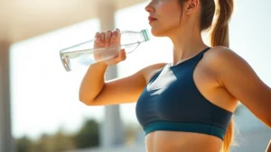 A fit woman in athletic wear drinking water from a glass bottle in bright sunlight, showing hydration and wellness focus, photorealistic, healthy lifestyle imagery