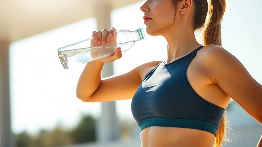 A fit woman in athletic wear drinking water from a glass bottle in bright sunlight, showing hydration and wellness focus, photorealistic, healthy lifestyle imagery