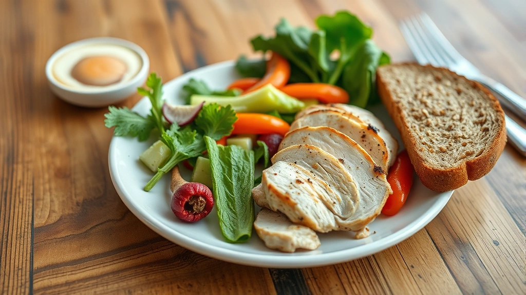 A nutritious breakfast plate with grilled chicken, fresh vegetables, and whole grain toast, naturally lit, photorealistic food photography without text or labels