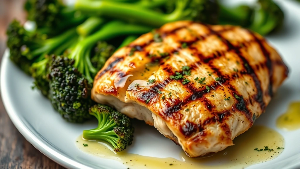 Close-up of grilled chicken breast with roasted broccoli and olive oil drizzle on white plate, vibrant green vegetables, professional food photography