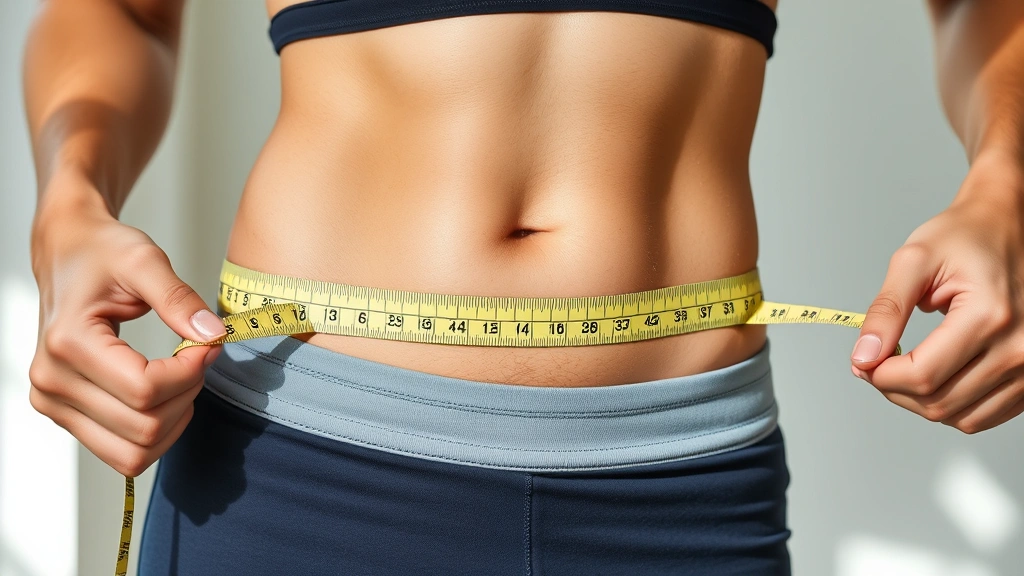 Fit person measuring waist circumference with measuring tape, showing progress and body transformation, natural lighting, wellness focus