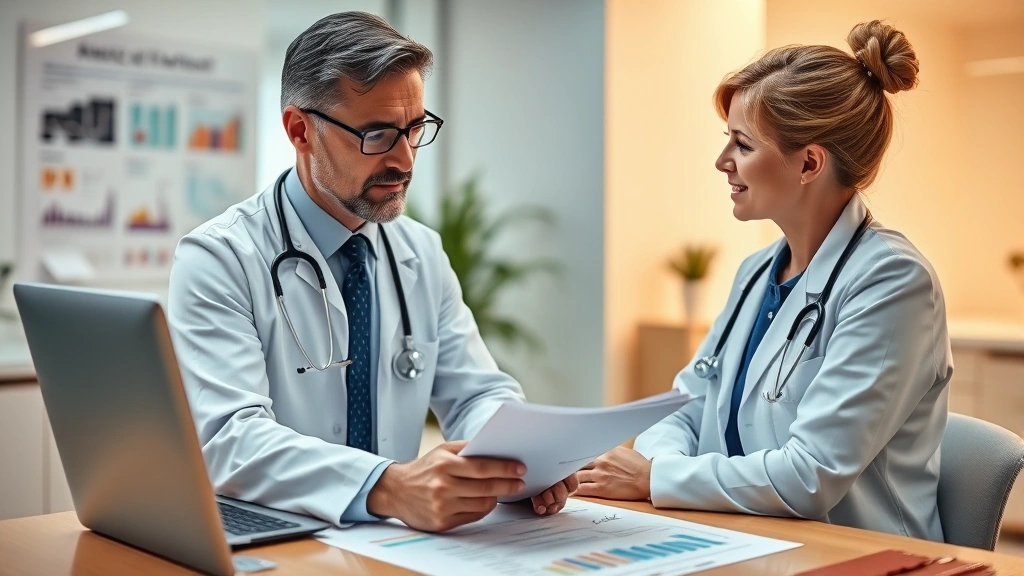 Professional healthcare setting with doctor reviewing patient medical charts and metabolic health data on desk, warm lighting, patient and physician in consultation, modern clinic environment