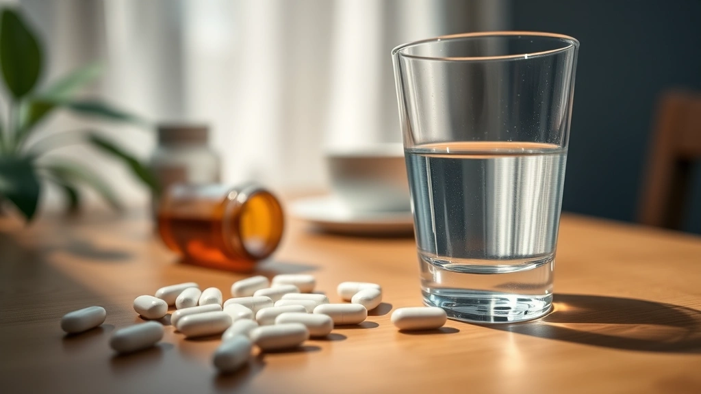 Close-up of medication tablets and glass of water on wooden table, morning wellness routine setup, natural sunlight, healthy lifestyle context, clean minimalist composition