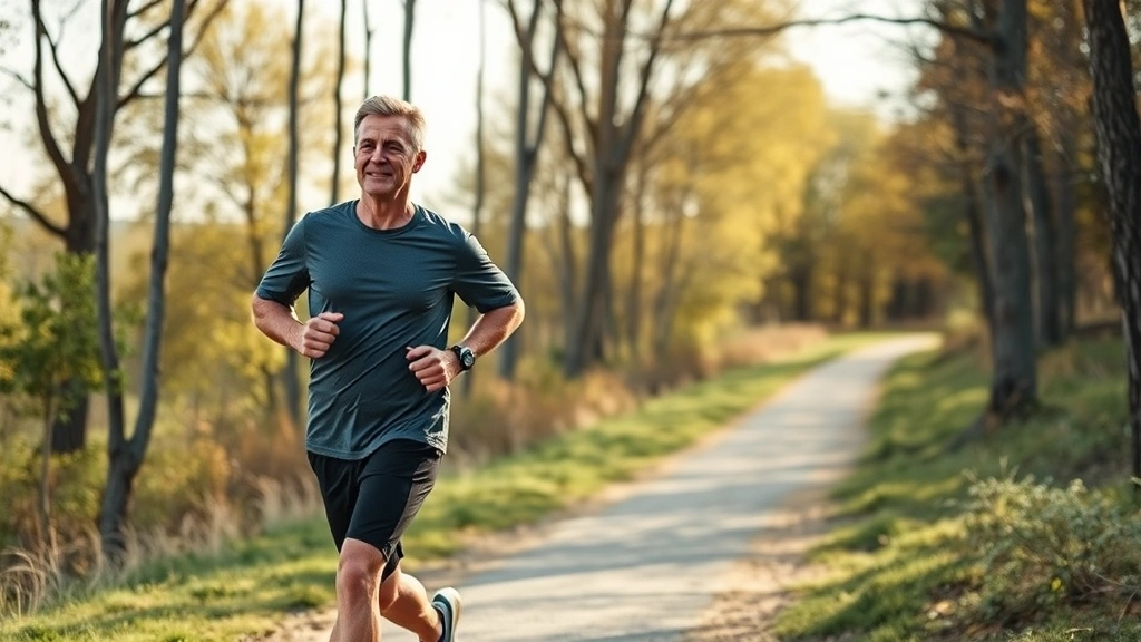 Active middle-aged person jogging outdoors on scenic path surrounded by trees, fit and healthy appearance, natural daylight, positive wellness lifestyle, motion and energy conveyed