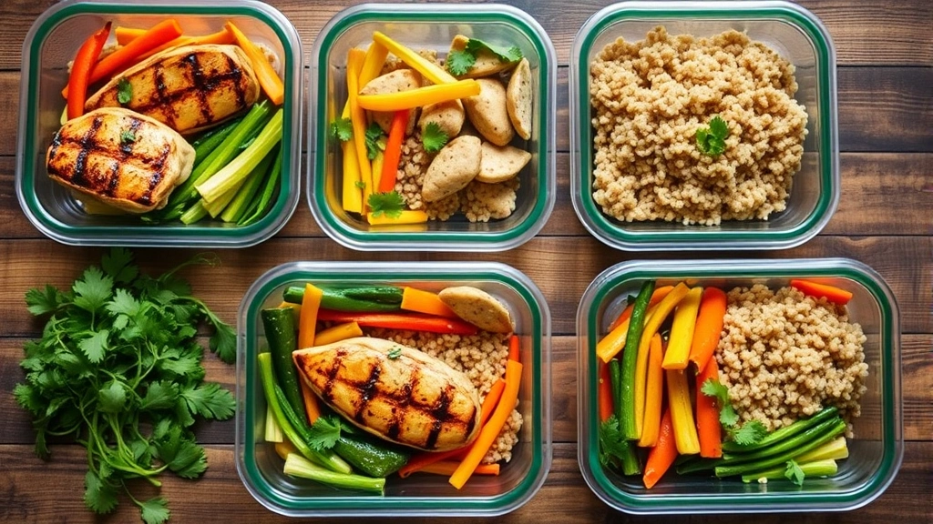 Overhead flat lay of healthy meal prep containers with grilled chicken, colorful vegetables, brown rice, fresh herbs, wooden table background, natural lighting