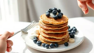 Golden-brown banana oat pancakes stacked on white plate with fresh blueberries and Greek yogurt on the side, bright natural morning light, wellness aesthetic, person's hand holding fork nearby