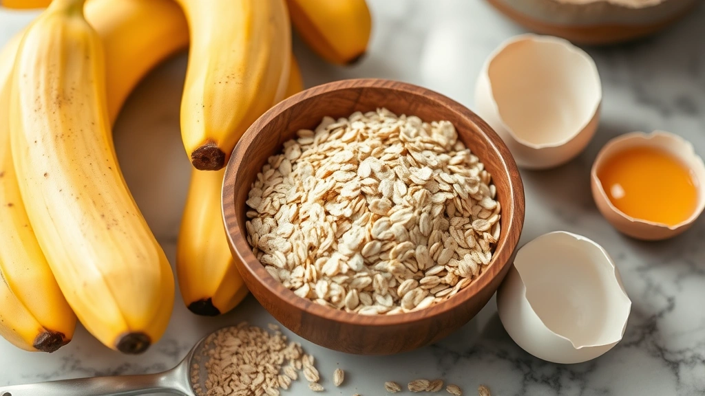 Close-up of ripe bananas, rolled oats in wooden bowl, and cracked eggs on marble counter, ingredients arranged beautifully, natural daylight, healthy food styling, no text visible
