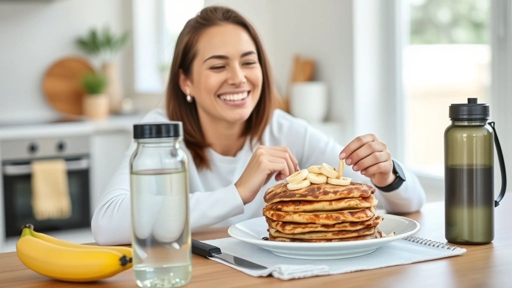 Woman enjoying banana oat pancakes at breakfast table with water bottle and fitness tracker visible, smiling, healthy lifestyle moment, bright kitchen setting, morning wellness routine