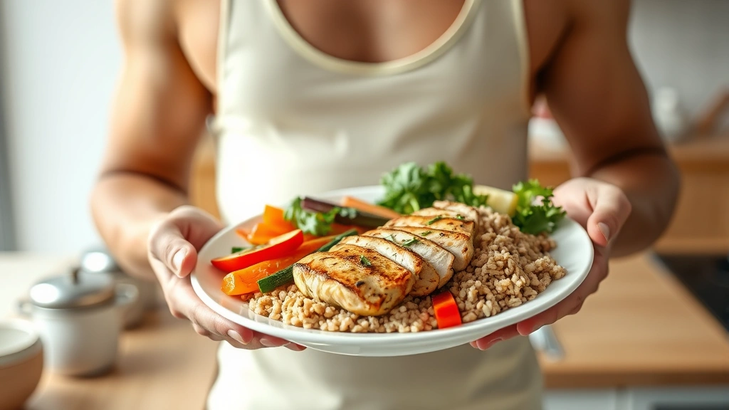 Fit person holding a plate with colorful vegetables, lean protein grilled chicken breast, and brown rice in bright kitchen lighting, healthy meal preparation scene