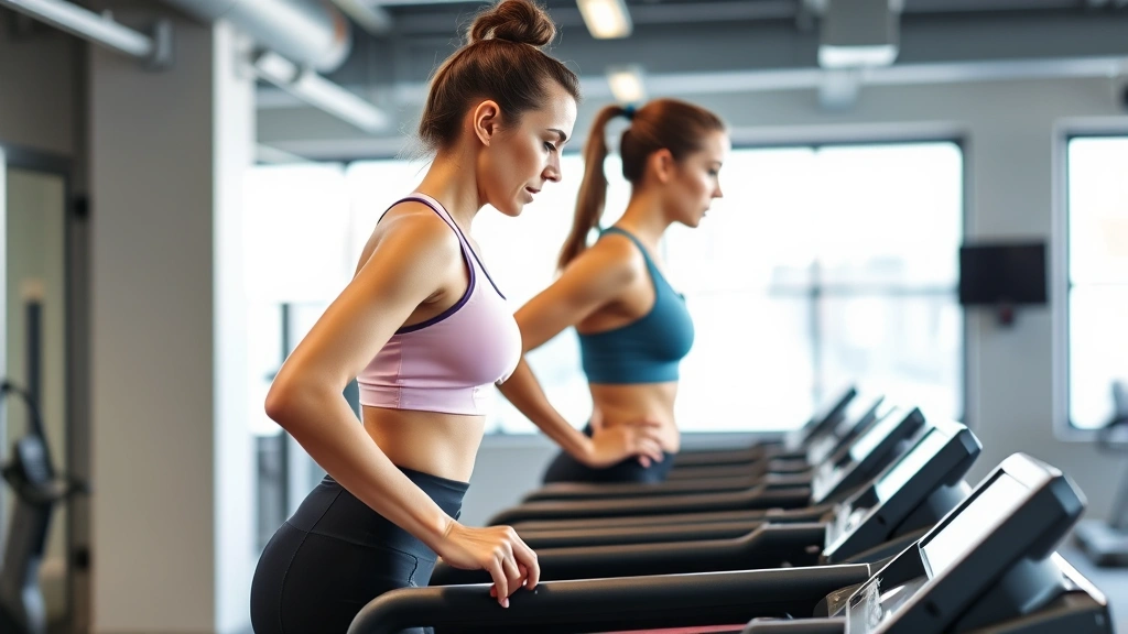 Woman performing interval training on treadmill in modern gym with determination, sweat visible, athletic wear, natural bright gym lighting