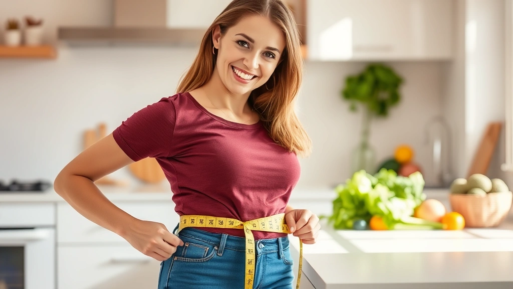 Person measuring waist with measuring tape, smiling confidently in bright kitchen with fresh vegetables visible on counter, warm natural lighting
