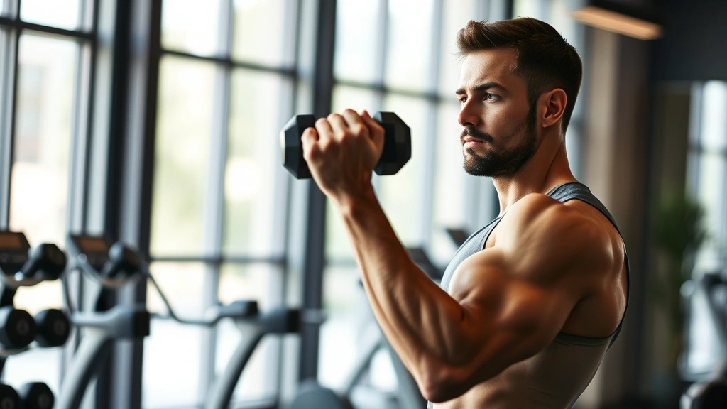 Fit individual doing resistance training with dumbbells in modern gym setting, focused expression, natural daylight from windows