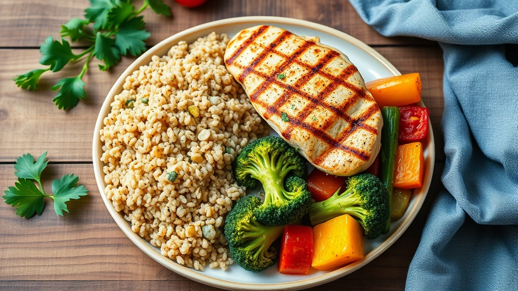 Healthy meal spread on wooden table with grilled chicken breast, quinoa, roasted broccoli, and colorful vegetables, fresh and appetizing presentation
