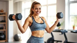 Athletic woman in fitness attire doing strength training with dumbbells in bright home gym, smiling confidently, natural daylight streaming through windows, motivational and energetic atmosphere