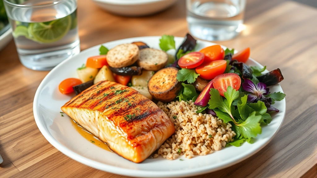 Colorful plate of grilled salmon, roasted vegetables, quinoa, and fresh salad on wooden table with water glass, natural lighting, appetizing and nutritious meal presentation