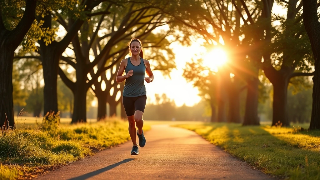 Person jogging outdoors on tree-lined path during golden hour, wearing athletic gear, peaceful natural setting, embodying active healthy lifestyle and sustained fitness commitment