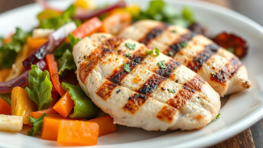 Close-up of colorful vegetables and grilled chicken breast on a white plate, fresh ingredients, appetizing healthy meal preparation, no text
