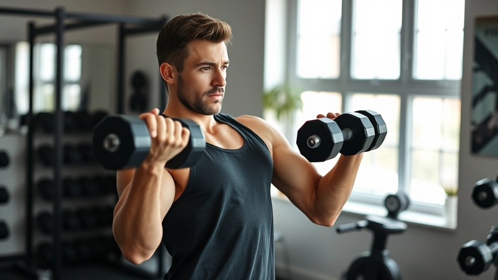 Person doing resistance training with dumbbells in a home gym, strong posture, focused expression, natural daylight, fitness equipment visible
