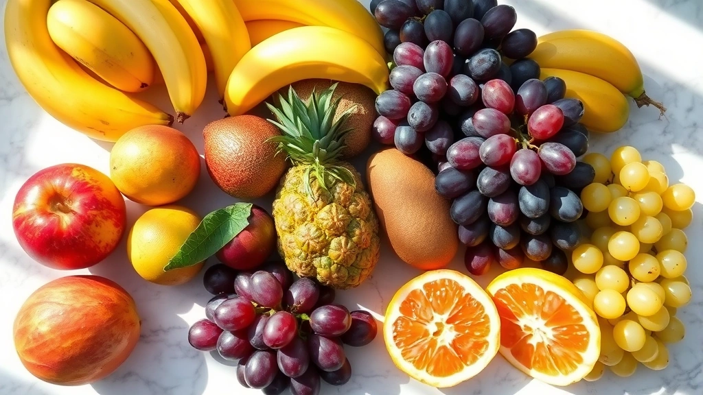 Colorful assortment of fresh tropical fruits including mangoes, bananas, and grapes arranged on a white marble surface with natural sunlight, vibrant and appetizing presentation