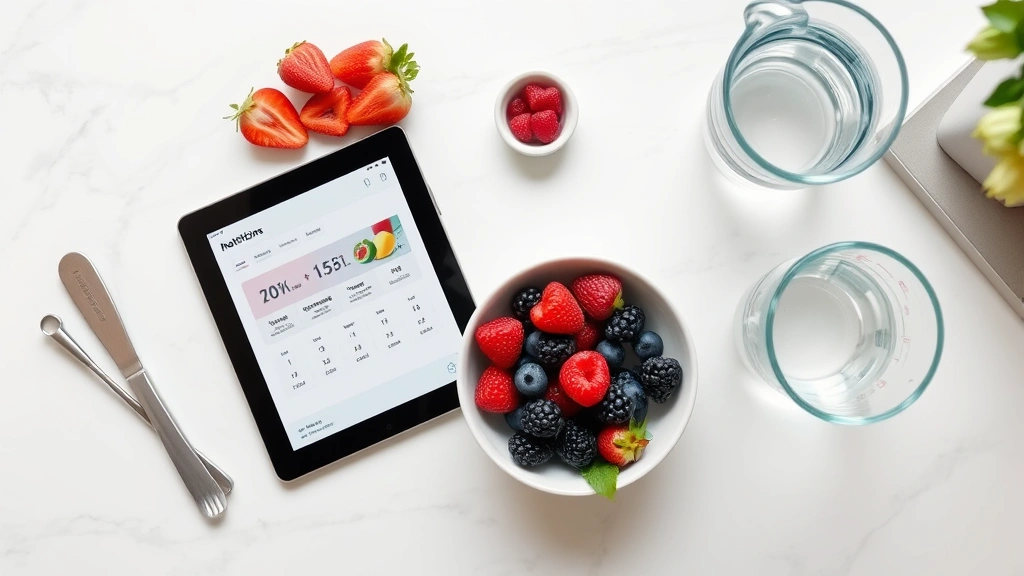 Overhead view of a nutritionist's desk with a tablet showing food tracking app, fresh berries in a bowl, measuring cup, and a glass of water, professional wellness setting