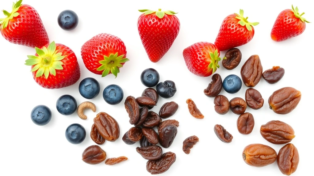 Split-screen comparison: fresh whole strawberries and blueberries on one side, dried raisins and dates on the other, showing portion size differences on a clean white background