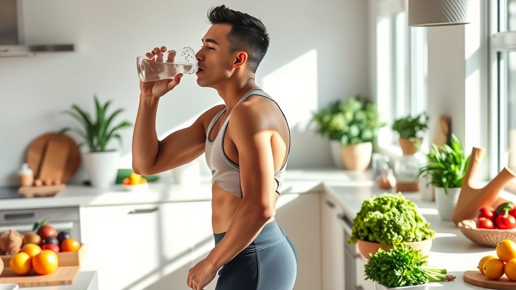 A fit person in athletic wear drinking water from a glass in a bright, modern kitchen filled with fresh vegetables and healthy foods on the counter, natural sunlight streaming through windows, photorealistic wellness setting