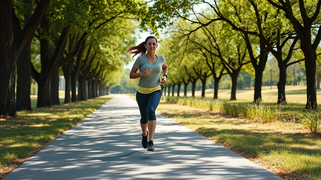 A person jogging outdoors on a sunny day through a tree-lined park path, wearing comfortable athletic clothes, showing movement and vitality, natural landscape background, health-focused imagery