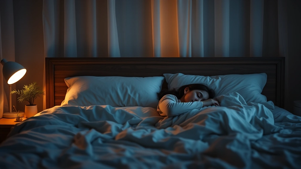 A peaceful bedroom scene at night with soft ambient lighting, comfortable bedding, a person sleeping peacefully, serene and restful atmosphere, wellness-focused composition without any text or numbers