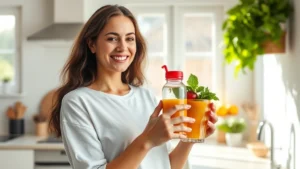 Woman holding fresh vegetable juice and water bottle in bright kitchen, smiling with healthy glow, natural morning light streaming through windows, wellness focused composition