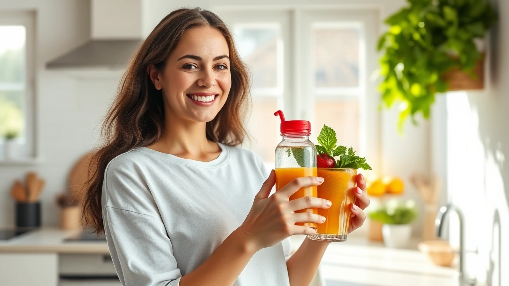 Woman holding fresh vegetable juice and water bottle in bright kitchen, smiling with healthy glow, natural morning light streaming through windows, wellness focused composition
