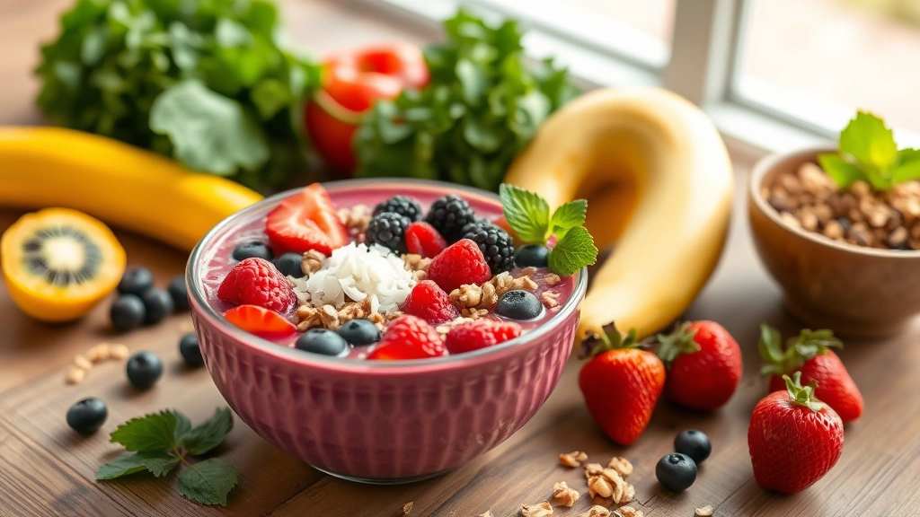 Colorful smoothie bowl with berries, coconut, and granola on wooden table, fresh vegetables and fruits nearby, nutritious liquid diet meal option, bright natural lighting