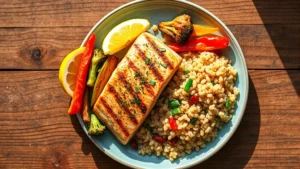 Overhead view of a colorful plate featuring grilled salmon fillet, roasted vegetables including broccoli and bell peppers, and quinoa, with fresh lemon wedges on the side, natural daylight, wooden table background