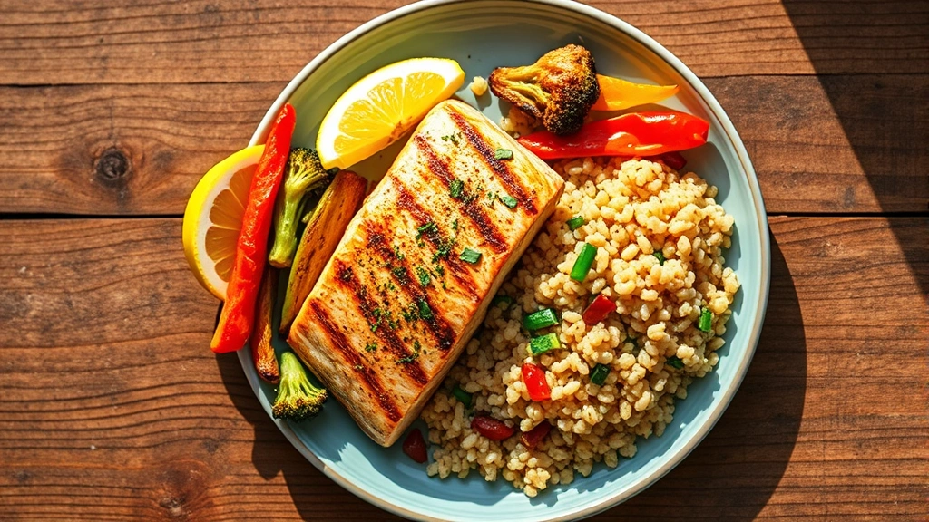 Overhead view of a colorful plate featuring grilled salmon fillet, roasted vegetables including broccoli and bell peppers, and quinoa, with fresh lemon wedges on the side, natural daylight, wooden table background
