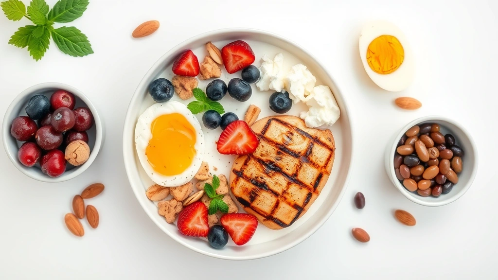 Flat lay of diverse high-protein foods arranged artfully: Greek yogurt bowl with berries, grilled chicken breast, eggs, cottage cheese, almonds, and legumes in a minimalist, clean kitchen setting