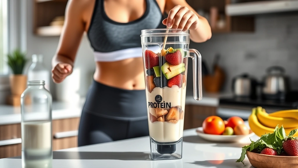 Person in fitness attire preparing a protein smoothie in a modern kitchen blender, with fresh fruits, protein powder, and milk visible, bright natural lighting, healthy lifestyle aesthetic
