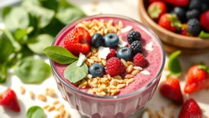 Vibrant, nutrient-dense smoothie bowl with fresh berries, spinach, granola, and coconut flakes in bright natural lighting, photorealistic, wellness-focused photography