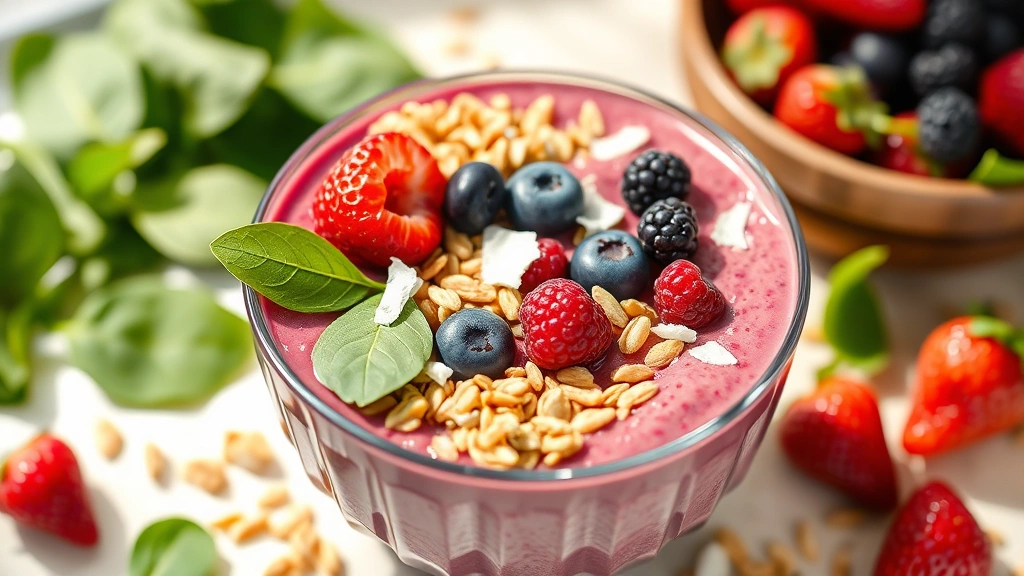 Vibrant, nutrient-dense smoothie bowl with fresh berries, spinach, granola, and coconut flakes in bright natural lighting, photorealistic, wellness-focused photography