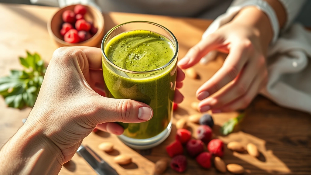 Person holding a vibrant green spinach smoothie in a clear glass, fresh berries and almonds scattered on wooden table, bright natural morning light, healthy wellness aesthetic