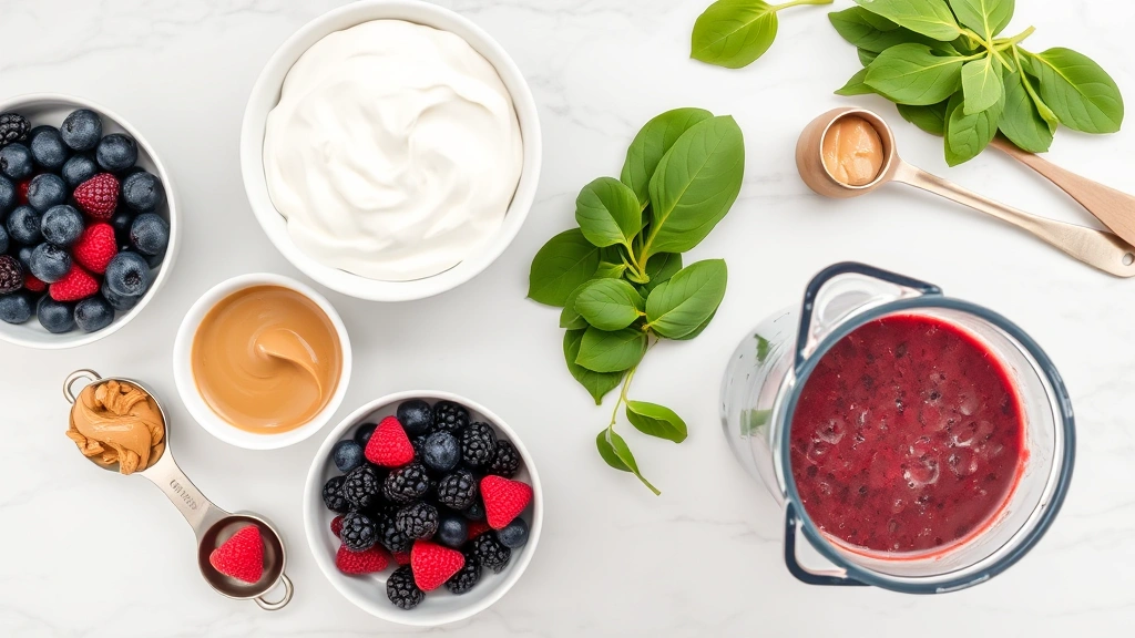 Overhead flat lay of smoothie ingredients: Greek yogurt, frozen berries, fresh spinach, nut butter, measuring spoons, and a blended smoothie in glass on marble countertop