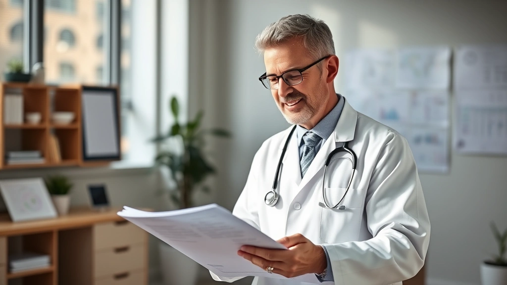 Professional doctor in white coat reviewing patient medical records and health charts in modern clinical office setting, caring and focused expression, soft natural lighting