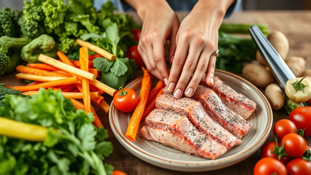 Close-up of hands holding fresh colorful vegetables and lean protein foods on wooden table, nutrient-dense meal preparation, warm wellness atmosphere