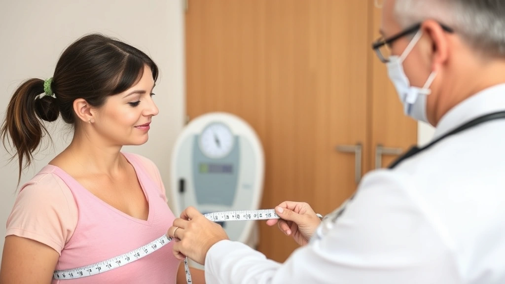 Female patient having weight and health measurements taken by healthcare professional with medical scale in background, supportive clinical environment, health monitoring