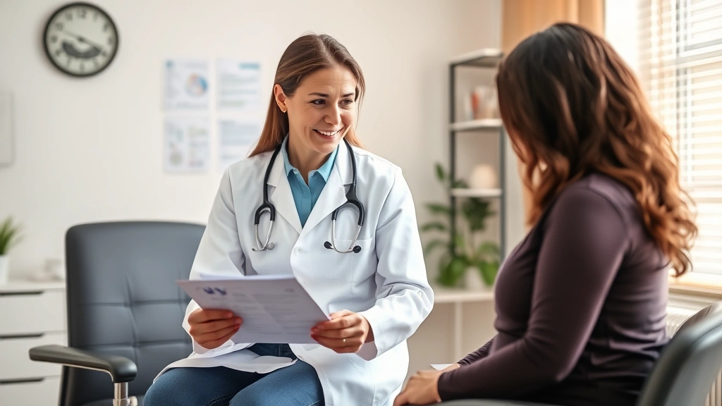 Professional healthcare provider in white coat consulting with middle-aged patient in clinical office setting, reviewing health charts and discussing weight loss goals, warm supportive atmosphere, natural lighting