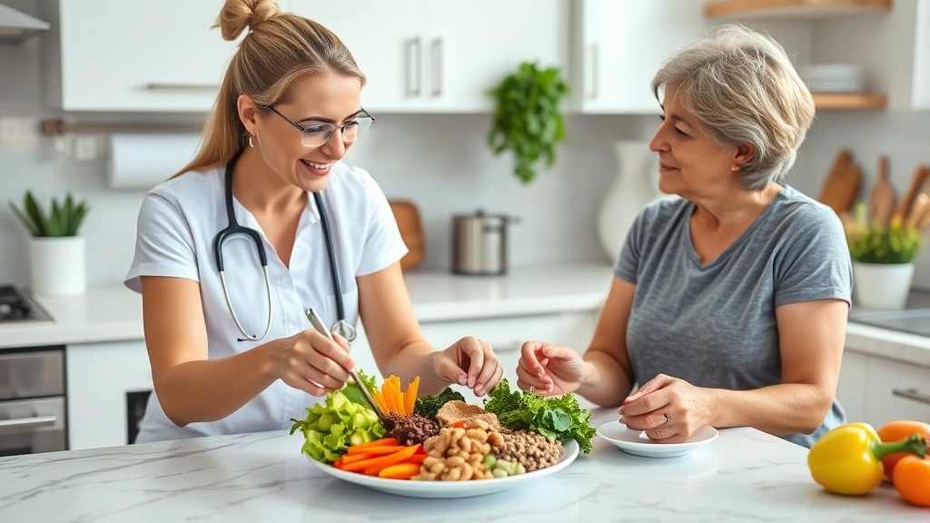 Registered dietitian and patient reviewing colorful plate of balanced meal with vegetables, lean protein and whole grains on kitchen counter, educational and encouraging moment, natural daylight