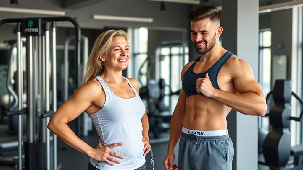 Patient celebrating progress with fitness trainer in gym, measuring body composition with professional equipment, positive achievement moment, health-focused wellness environment