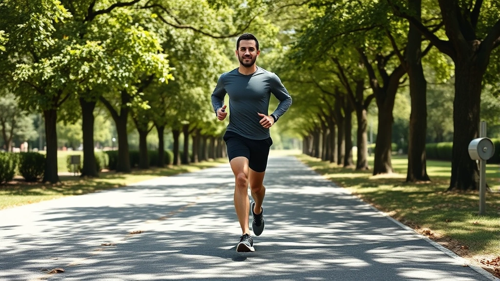 Professional man in athletic wear jogging outdoors on a sunny tree-lined path, looking confident and healthy, wearing moisture-wicking clothing, mid-stride with good form