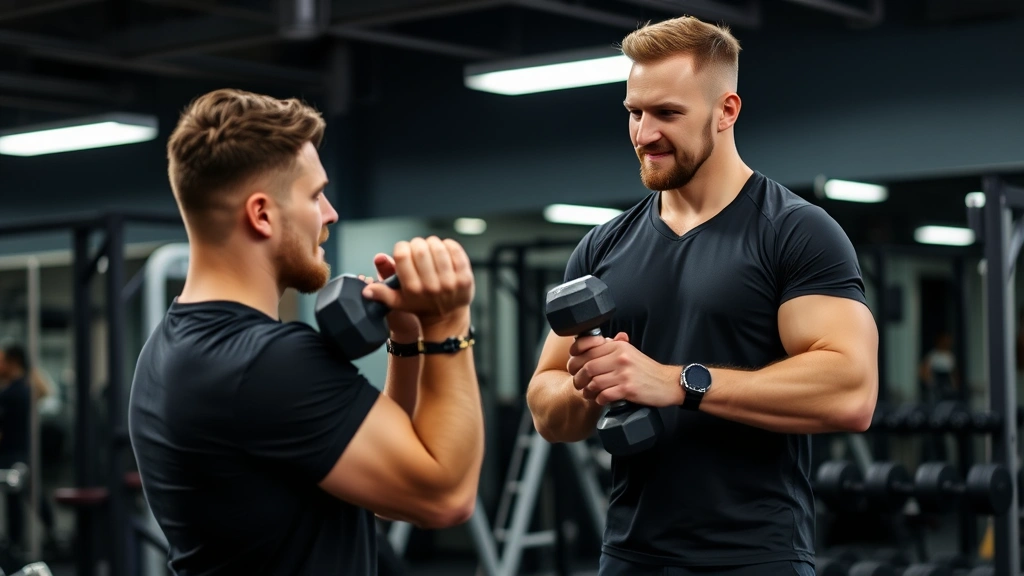 Man working with a personal trainer in a gym setting, performing a dumbbell exercise with proper form, both appearing focused and positive, professional gym environment