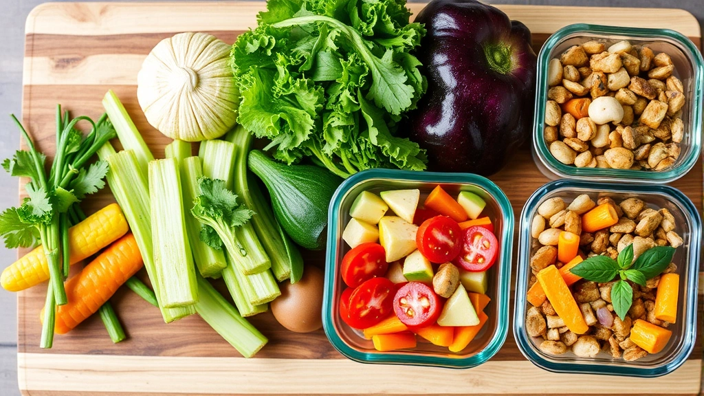 Colorful fresh vegetables and whole foods on wooden cutting board with prepared healthy meal portions in glass containers