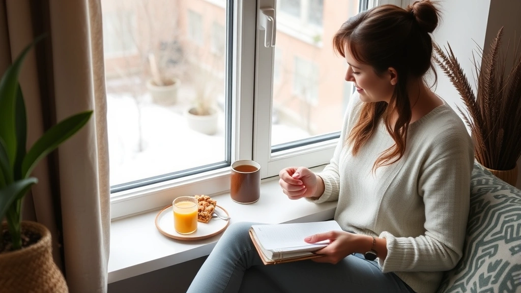 Woman journaling with tea and healthy snacks nearby, sitting peacefully by window in cozy wellness space, reflecting and planning