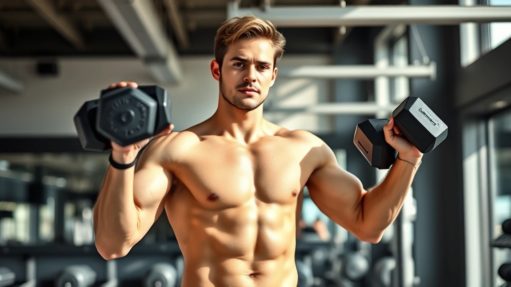 A fit person in athletic wear doing resistance training with dumbbells in a bright, modern gym setting, showing proper form and confidence, natural lighting